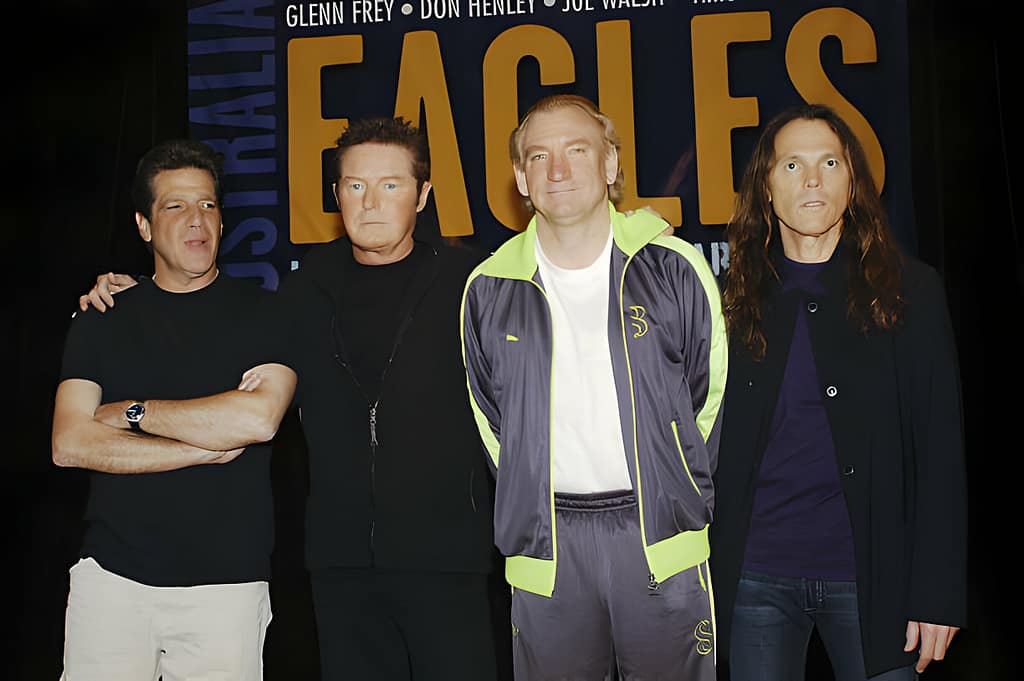 Eagles Announce Farewell Tour
MELBOURNE, AUSTRALIA - NOVEMBER 13: (L-R) Musicians Glenn Frey, Don Henley, Joe Walsh and Timothy B. Schmit from the band Eagles at a press conference about the Eagles Farewell tour at the Park Hyatt Hotel November 13, 2004 in Melbourne, Australia. (Photo by Regis Martin/Getty Images)