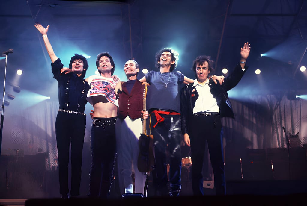 Steel Wheels Tour
Left to right: Ron Wood, Mick Jagger, Charlie Watts, Keith Richards and Bill Wyman of the Rolling Stones wave to the crowd at the Historic Atlantic City Convention Hall (now Boardwalk Hall) in Atlantic City, N.J., during the Steel Wheels Tour, December 1989. The group played three nights at the venue from 17th - 20th December 1989. (Photo by Paul Natkin/Getty Images)