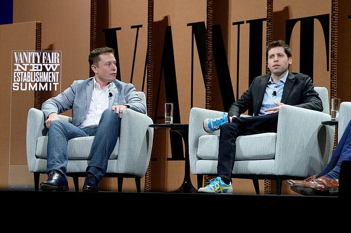 Tesla Motors CEO and Product Architect Elon Musk and Y Combinator President Sam Altman speak onstage during 