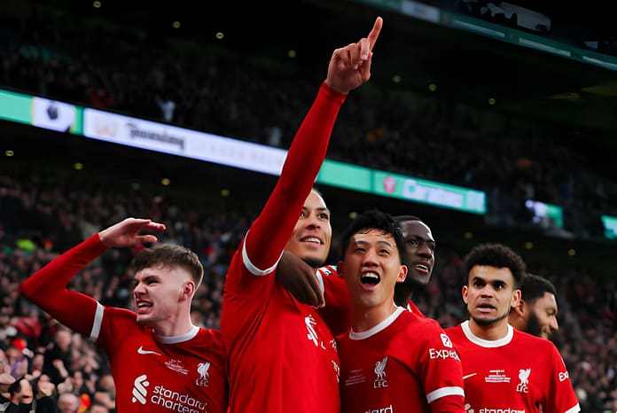 LONDON, ENGLAND - FEBRUARY 25: Virgil van Dijk of Liverpool celebrates with teammates after scoring a goal that is later ruled out by VAR for offside during the Carabao Cup Final match between Chelsea and Liverpool at Wembley Stadium on February 25, 2024 in London, England. (Photo by James Gill - Danehouse/Getty Images)