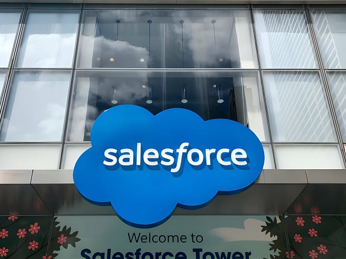 Salesforce logo sign on Salesforce tower building exterior, Manhattan, New York.