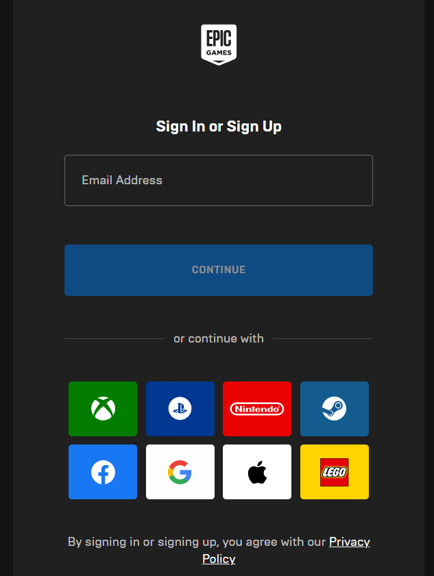 Sign in on Epic Games